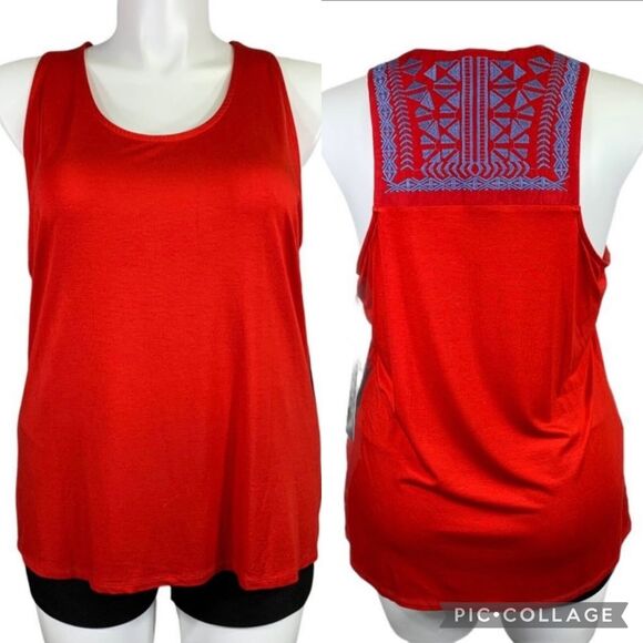 Gibson Womens Bamboo Tank Top Shirt Embroidered Racerback Coastal Red Blue 1X - Picture 1 of 16